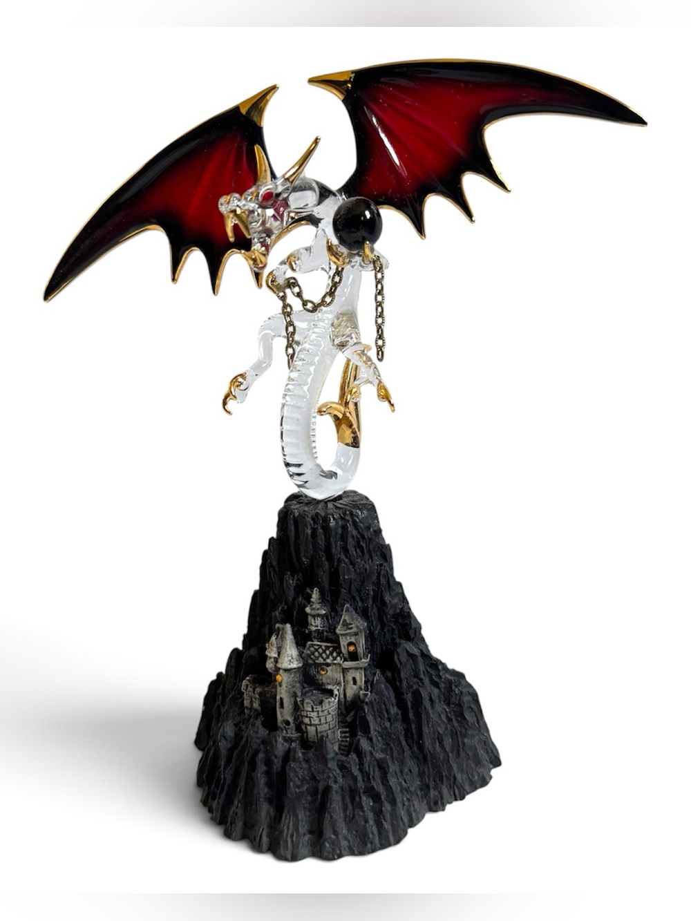 Glass Baron Black Magic Dragon Glass Figurine Swarovski 22K Gold Fantasy Castle